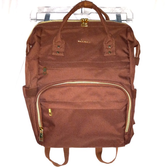 Lovevook Handbags - Lovevook Coffee Brown‎ Color Diaper Bag Backpack NWOT Gold Trim Laptop Pocket